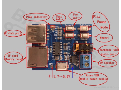MP3 player with  2W mono amplifierr (USB stick/ MicroSD card)